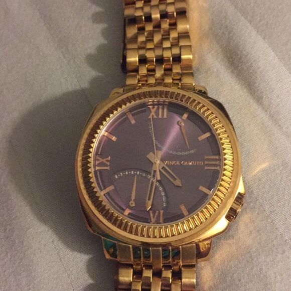 Vince Camuto men’s dress watch, gold tone, purple dial, linked metal band, OS - Picture 1 of 8
